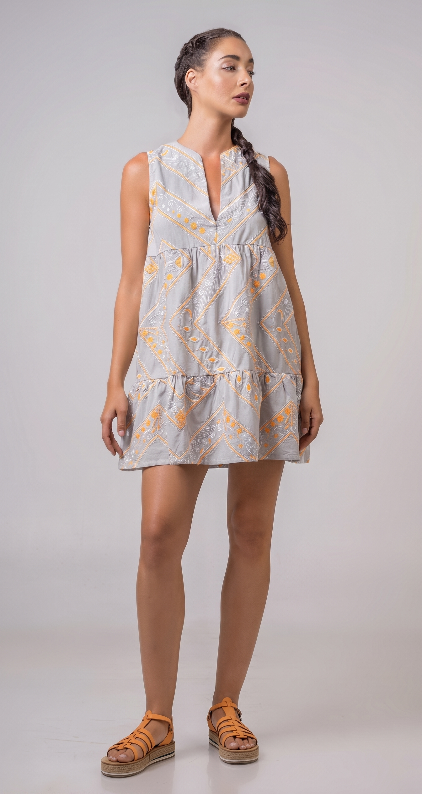 Short Dress with embroidery Grey - Orange