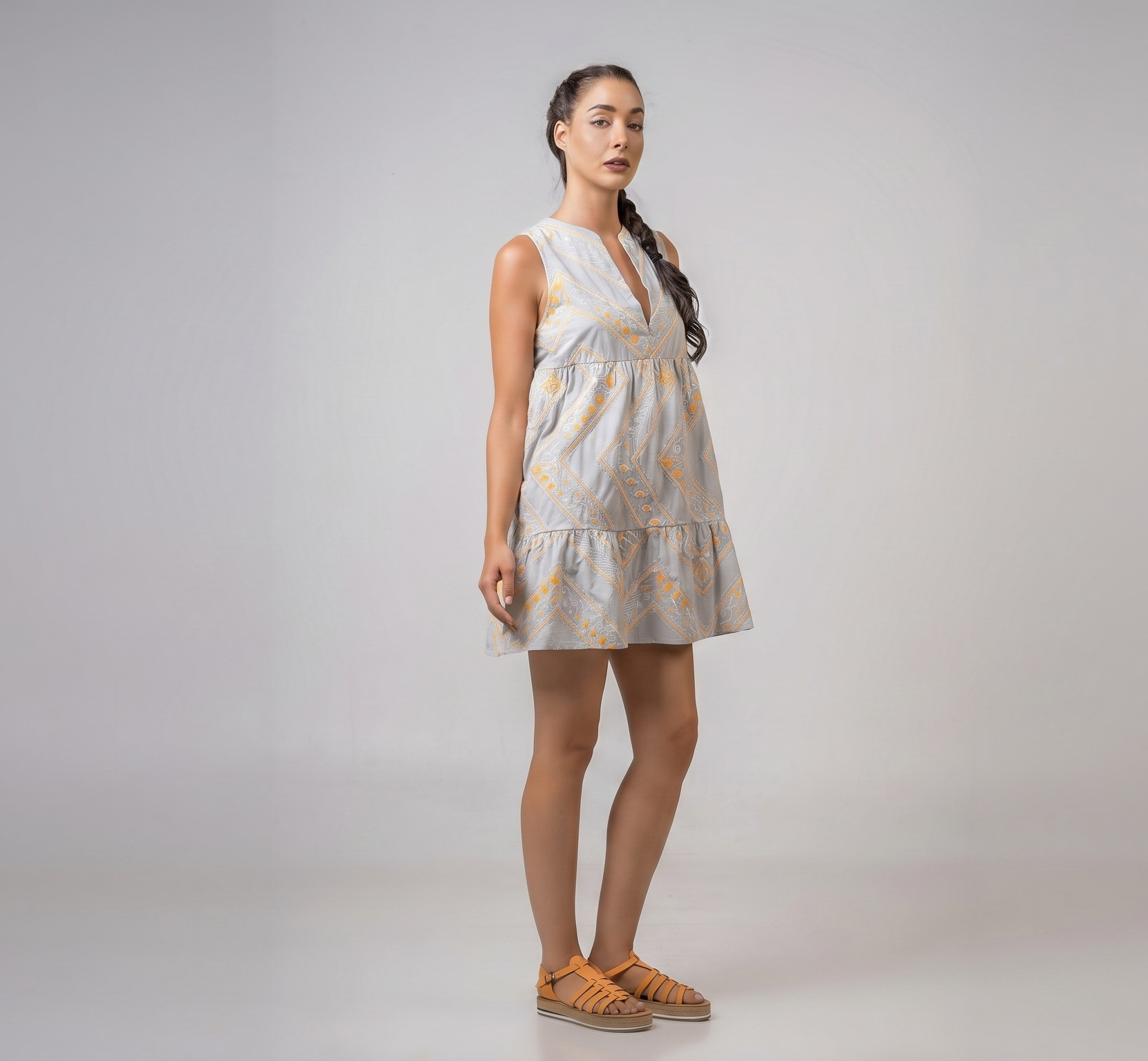 Short Dress with embroidery Grey - Orange