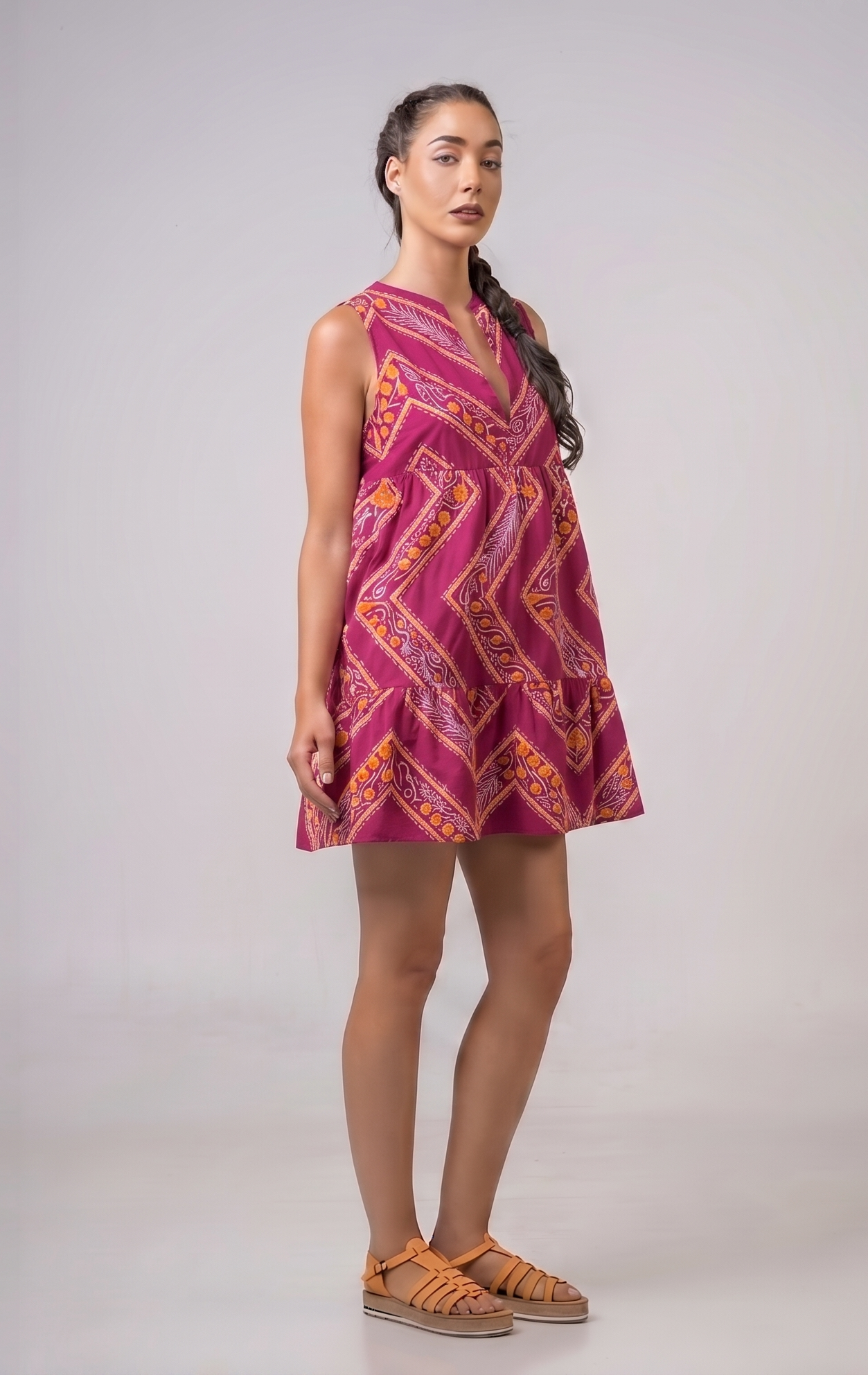 Dress short with embroidery Fuchsia - Orange