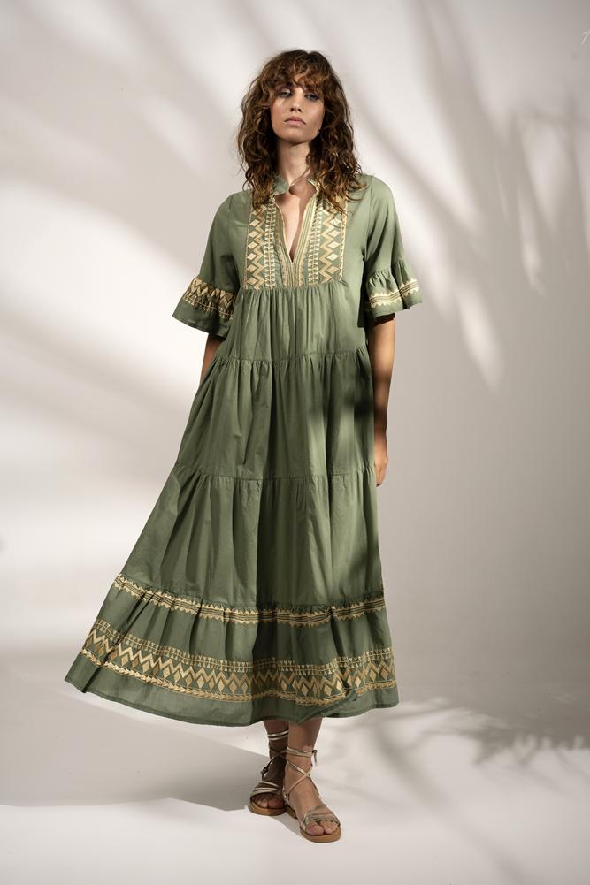 Dress midi with embroidery Khaki - Gold