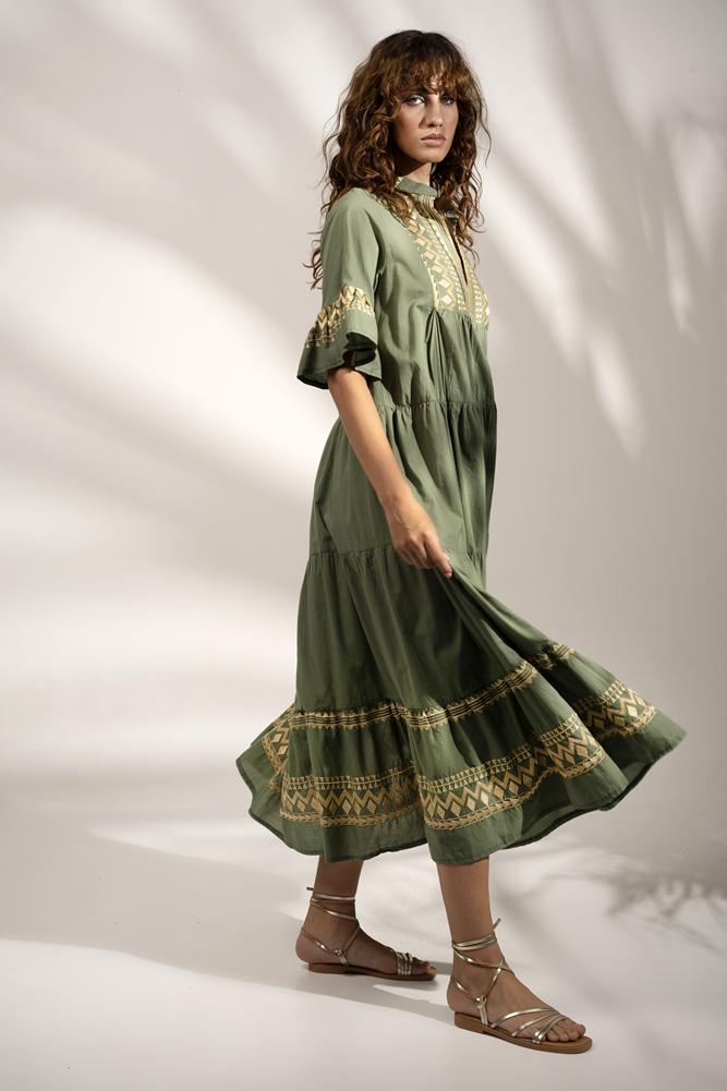 Dress midi with embroidery Khaki - Gold