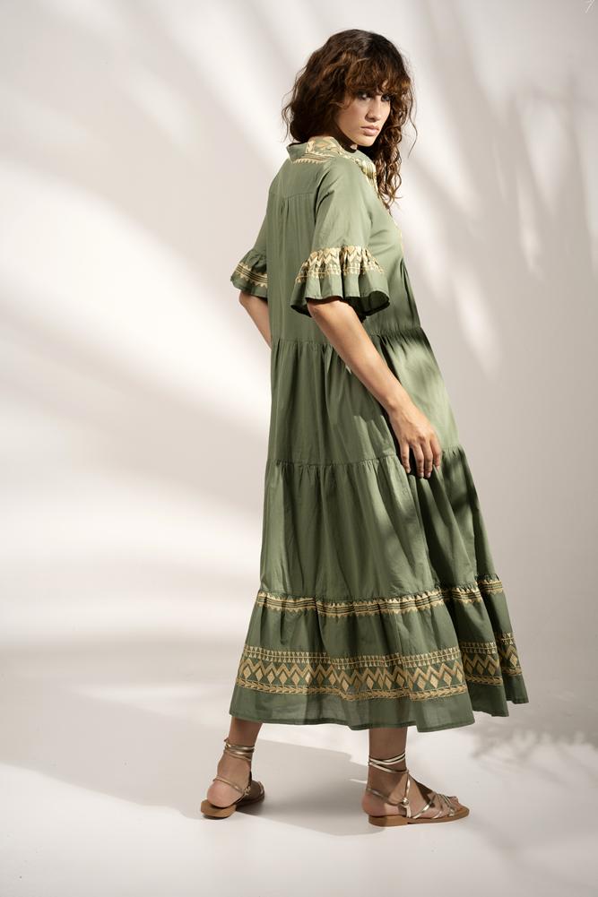 Dress midi with embroidery Khaki - Gold