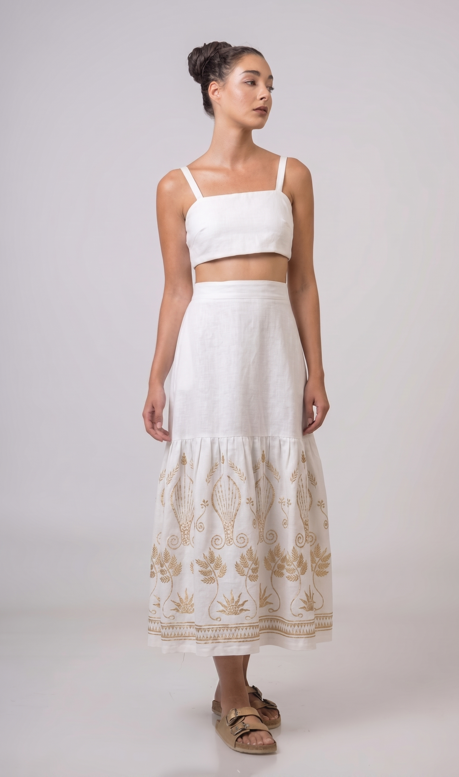 Set high waist skirt and top with embroidery Off White - Gold