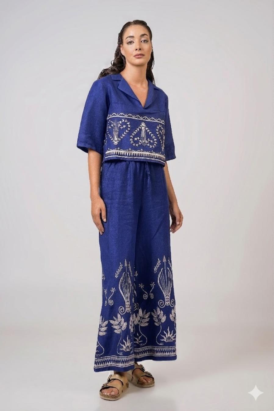 Τrousers high waist with embroidery indigo - Silver