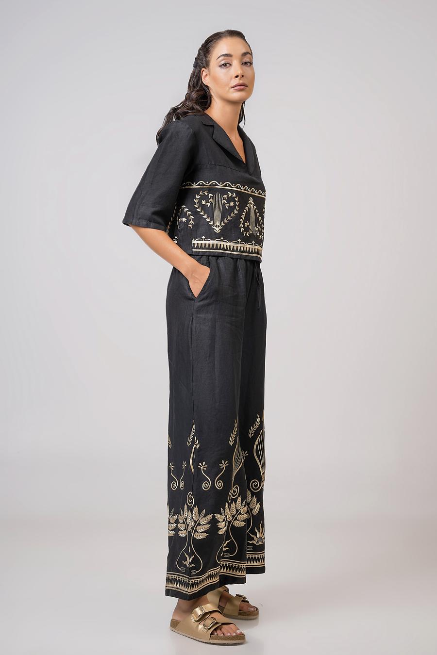 Τrousers high waist with embroidery Black - Gold