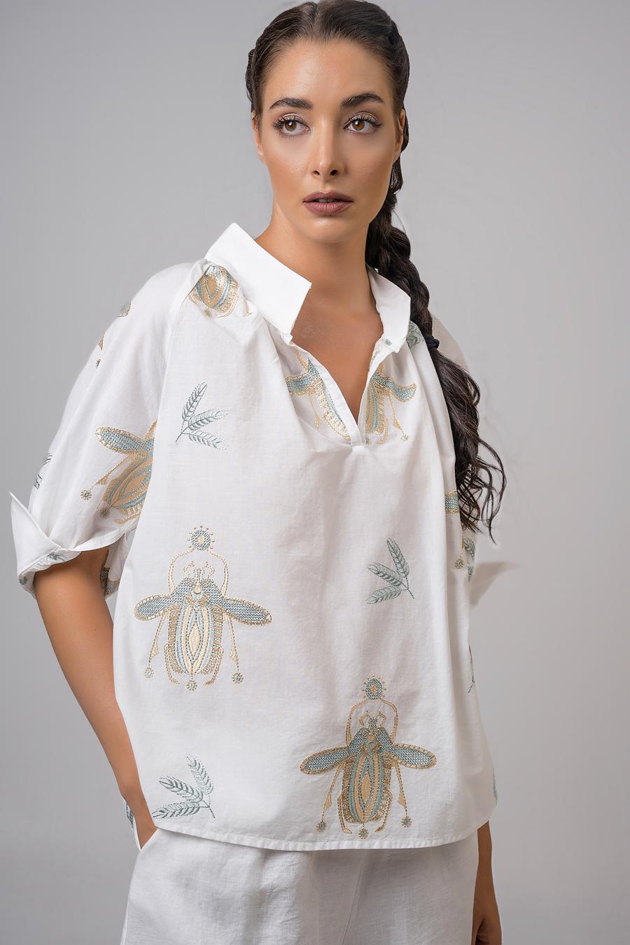 Blouse 3/4 sleeves and embroidery Off White - Green