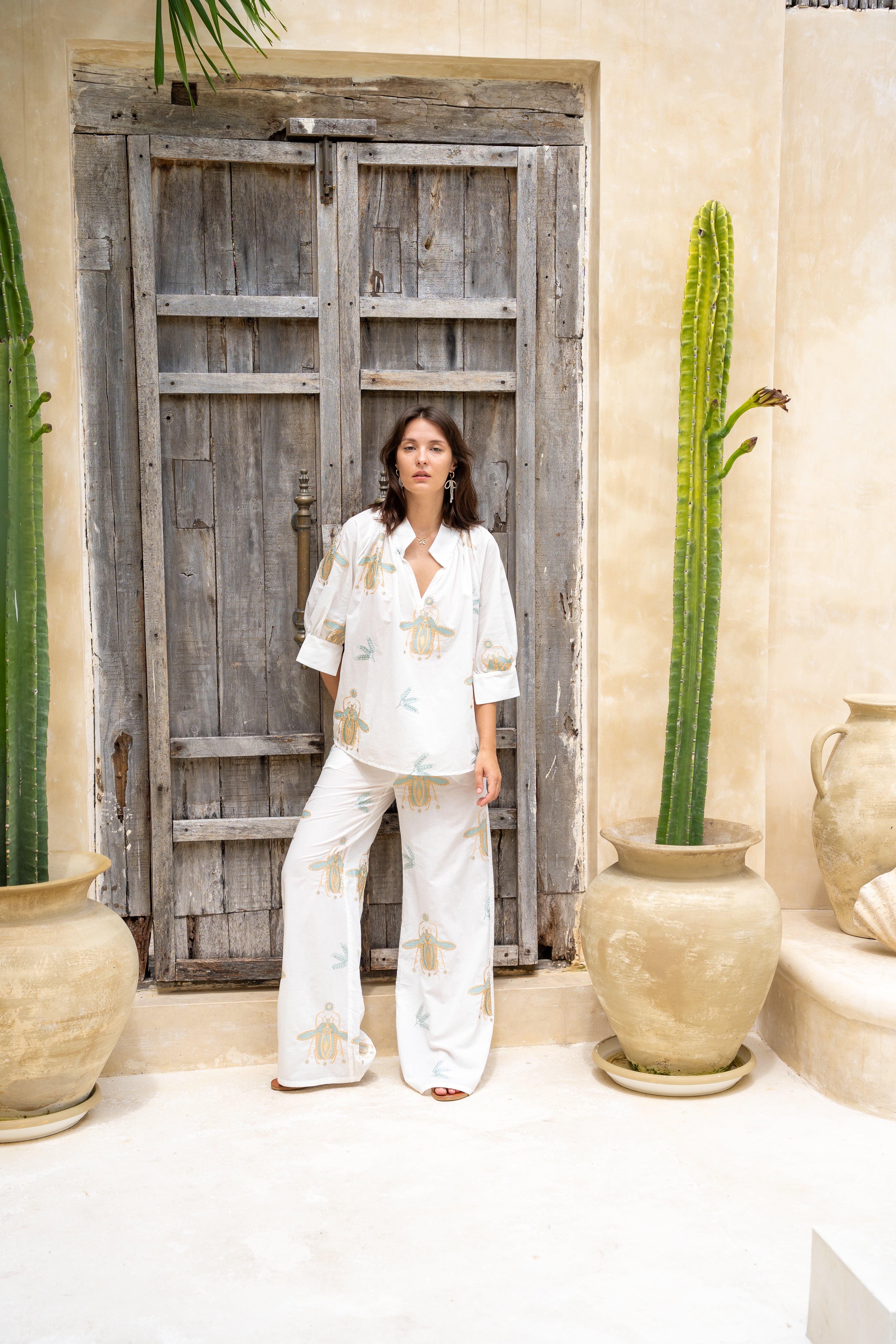 Trousers high waist with embroidery Off White - Green