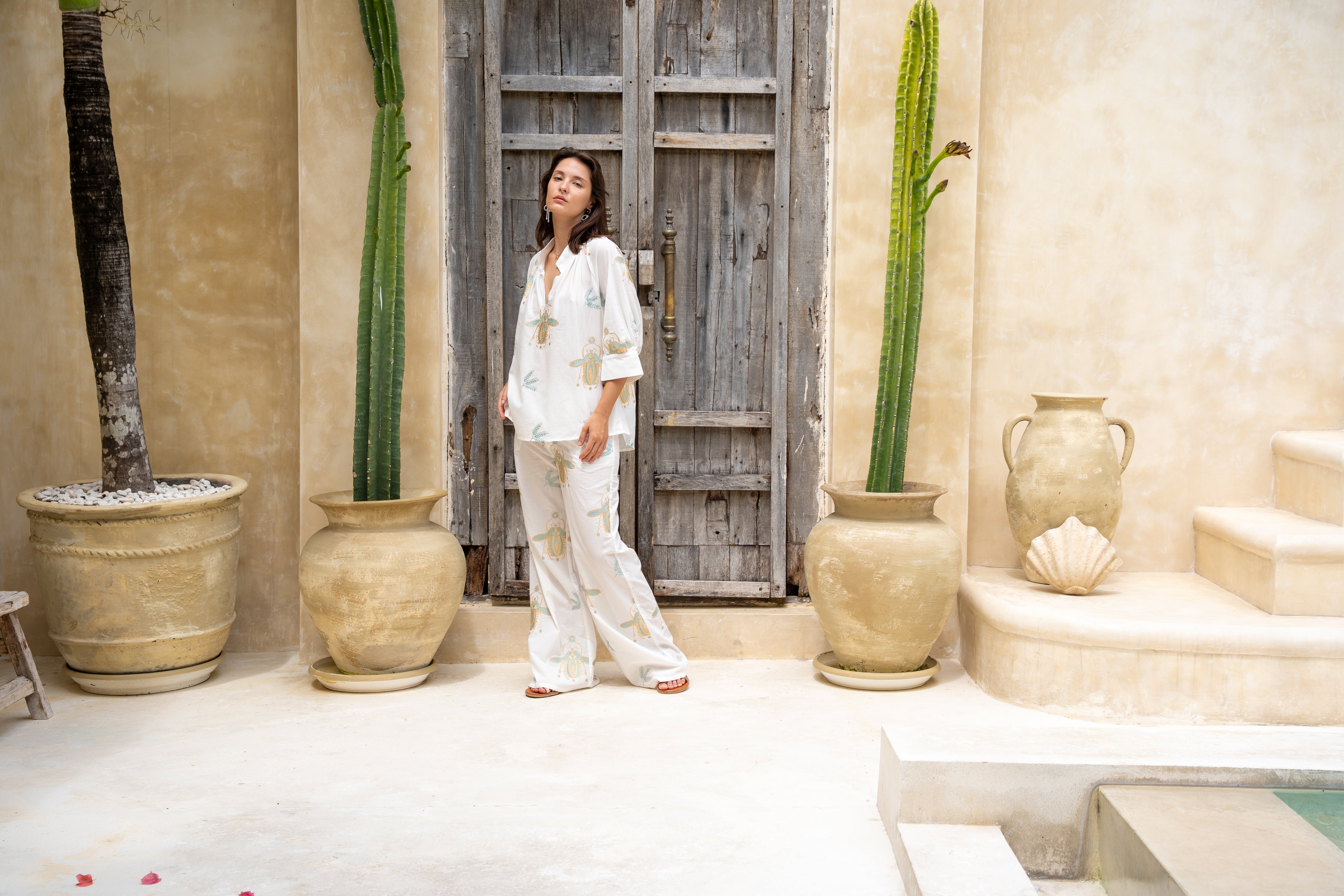 Trousers high waist with embroidery Off White - Green