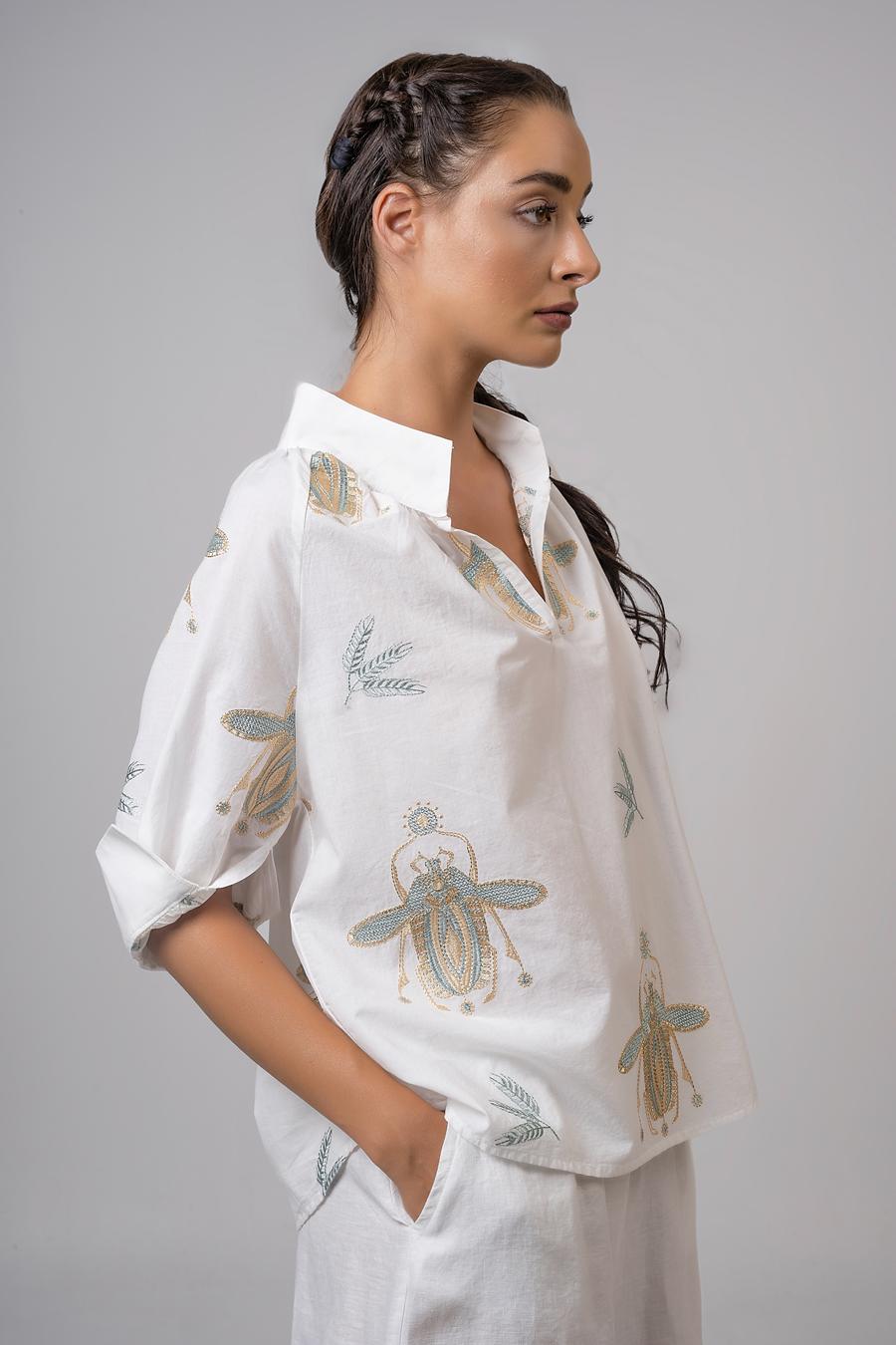 Blouse 3/4 sleeves and embroidery Off White - Green