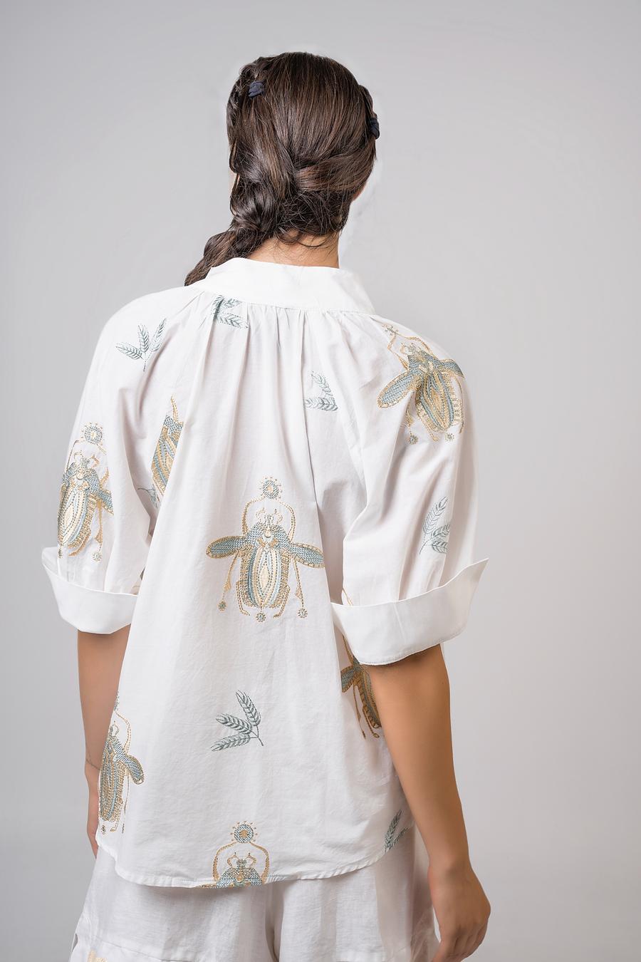 Blouse 3/4 sleeves and embroidery Off White - Green