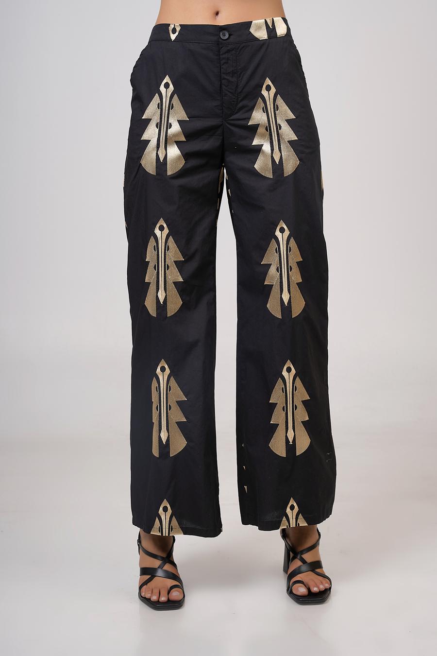 High-waisted embroidered trousers Black - Gold