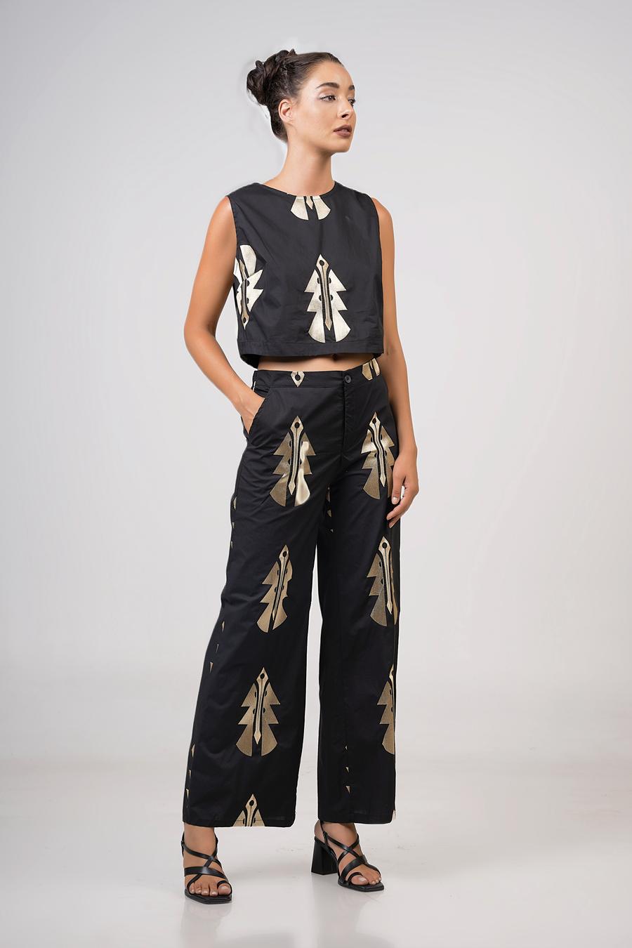 High-waisted embroidered trousers Black - Gold