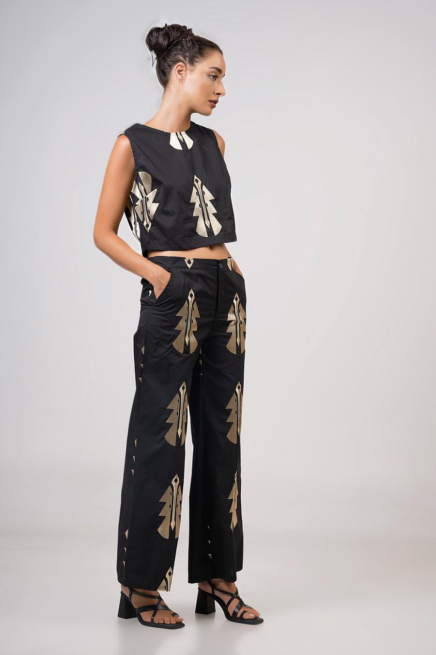 High-waisted embroidered trousers Black - Gold
