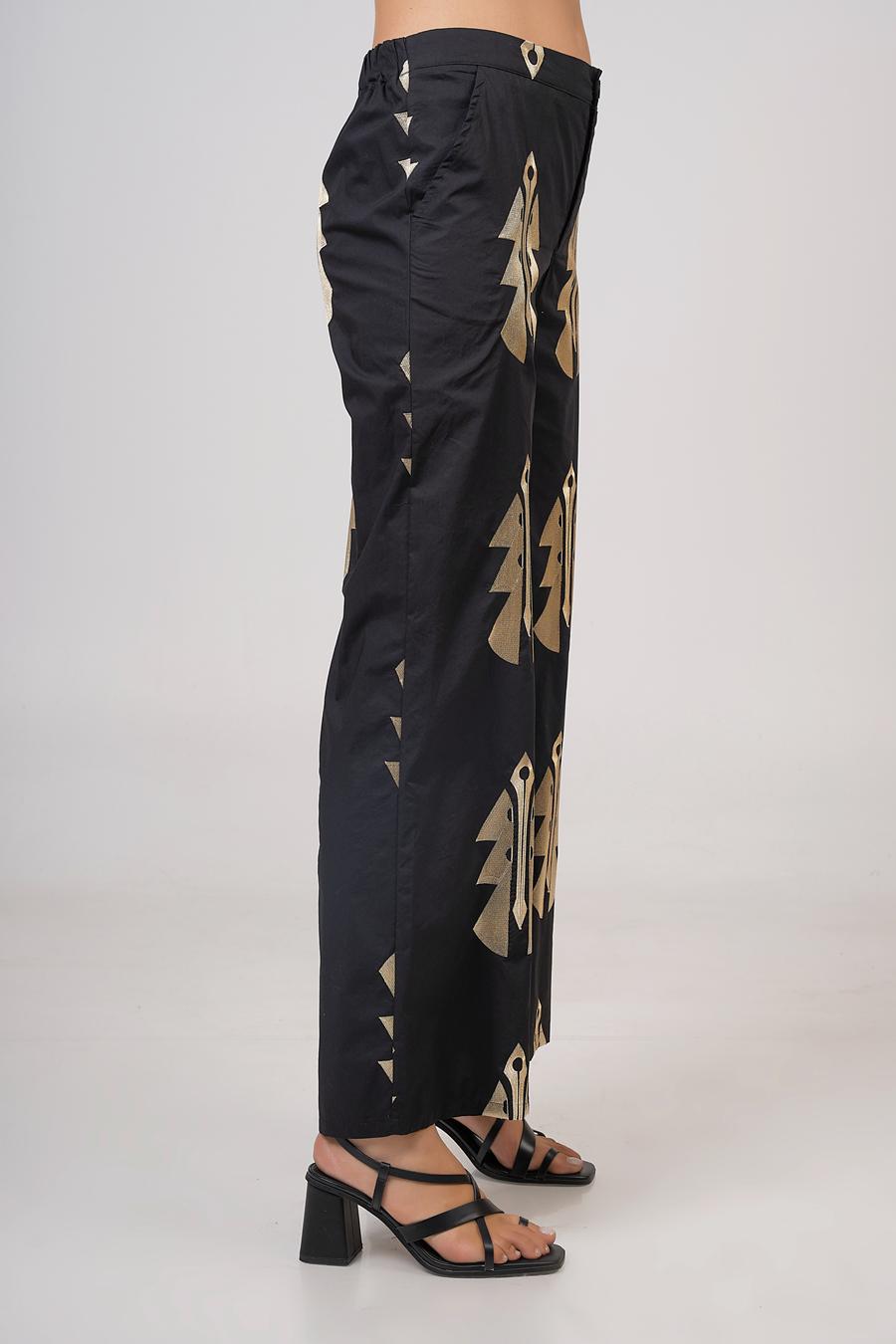 High-waisted embroidered trousers Black - Gold