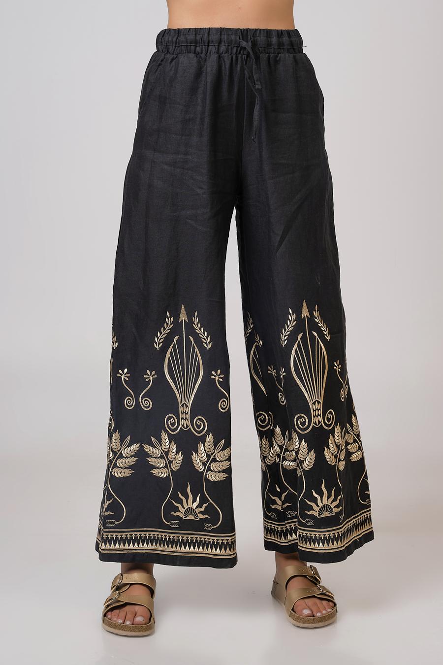 Τrousers high waist with embroidery Black - Gold