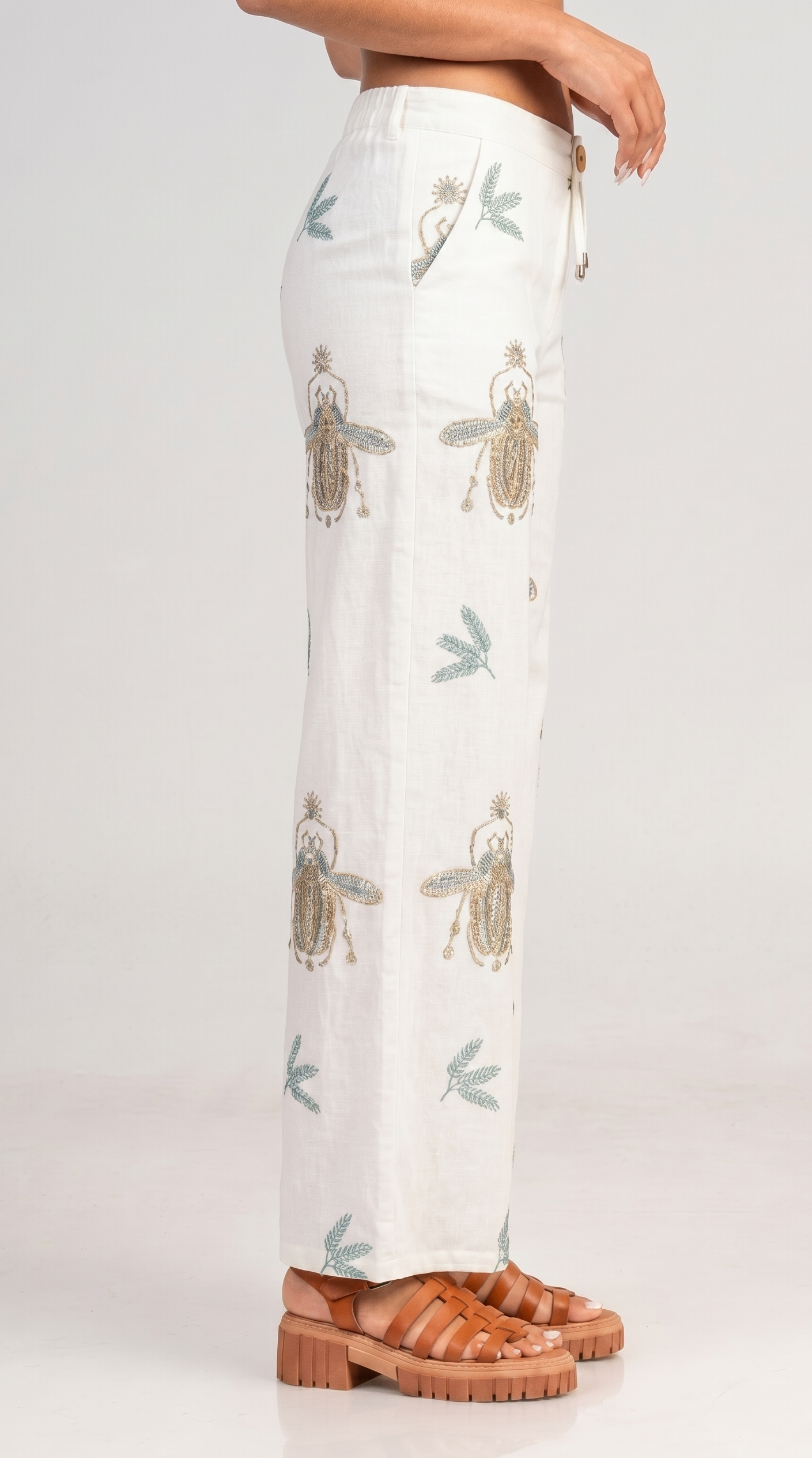 Trousers high waist with embroidery Off White - Green