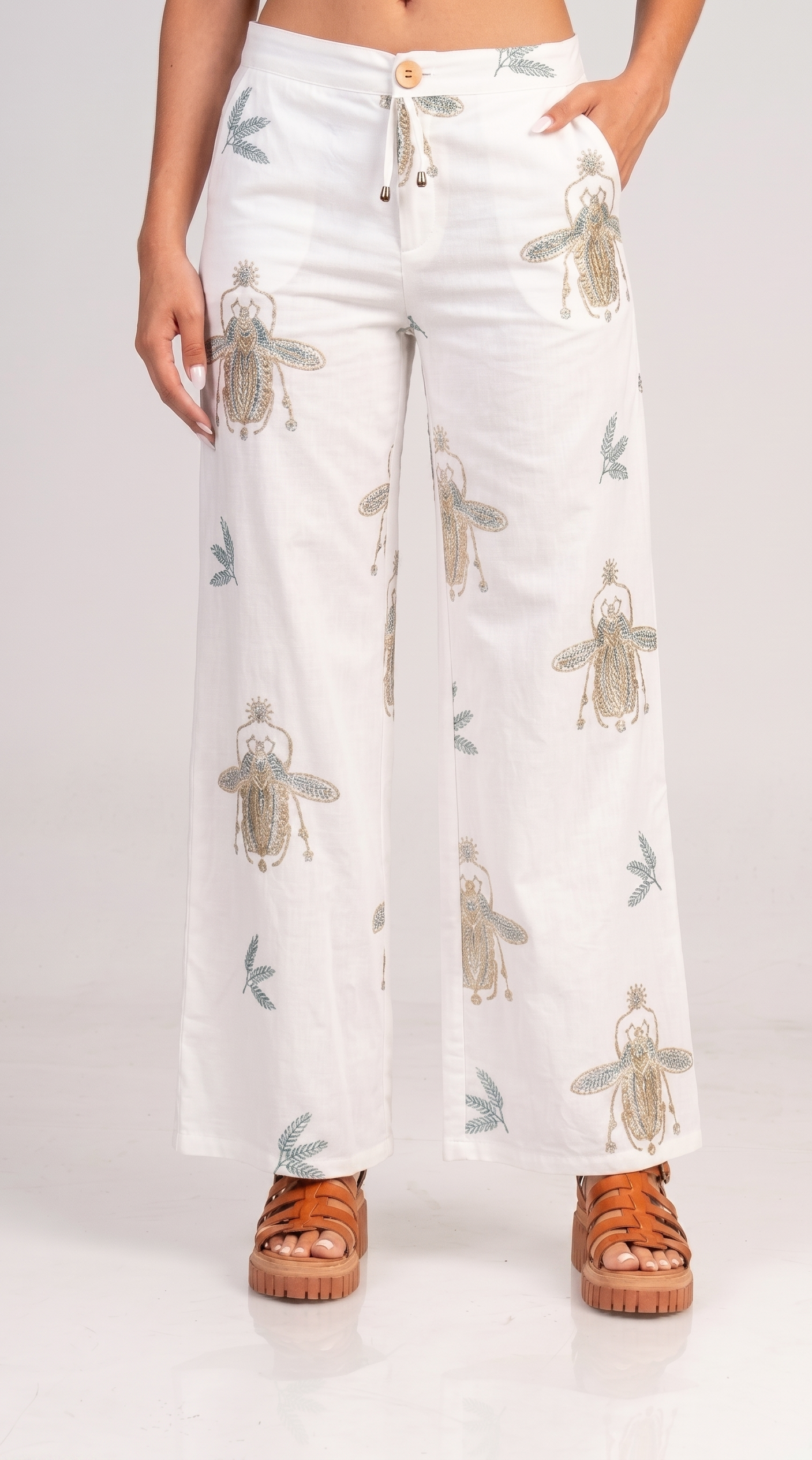 Trousers high waist with embroidery Off White - Green
