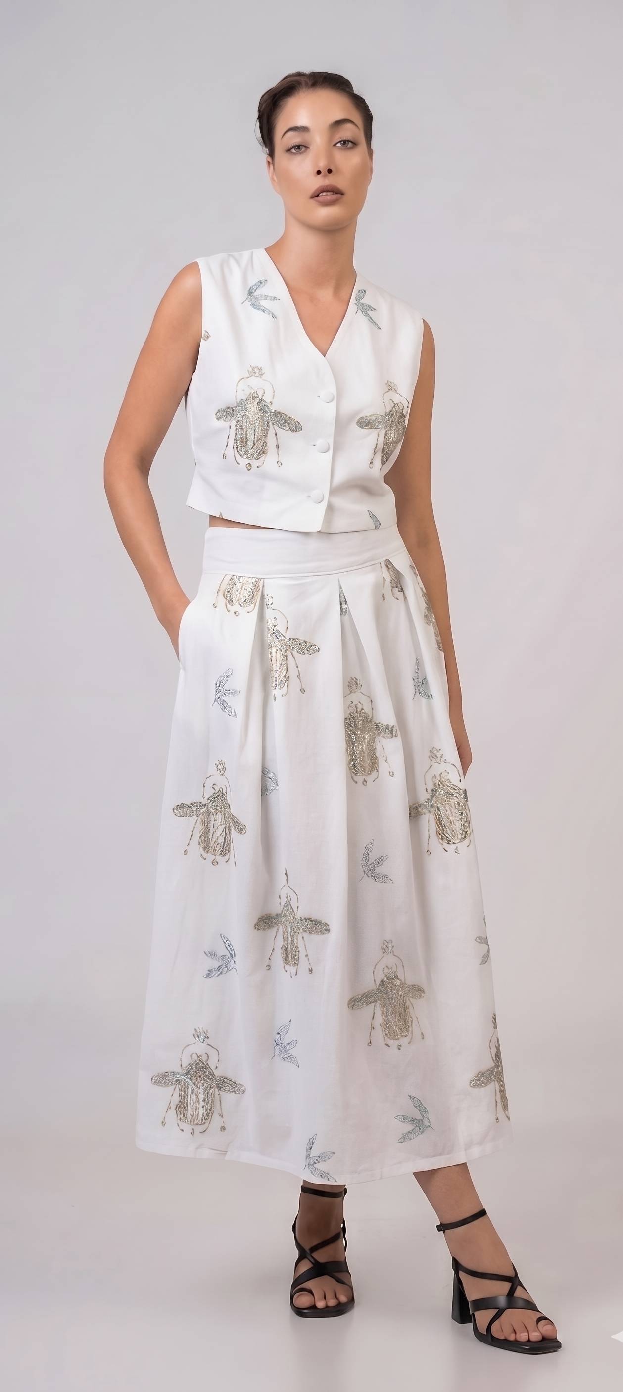 Vest with buttons and embroidery Off White - Green