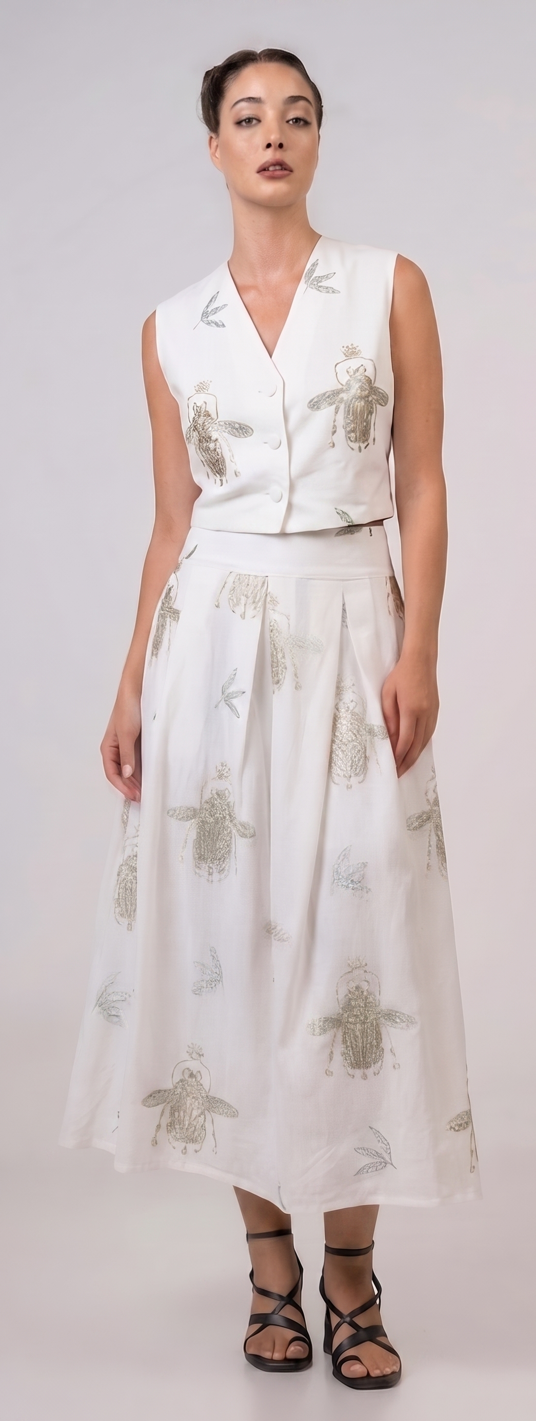Vest with buttons and embroidery Off White - Green