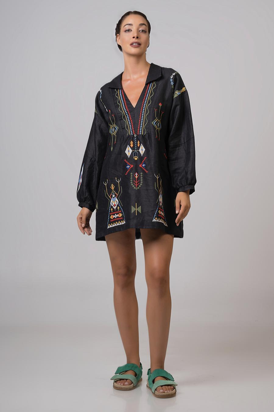 Dress mini with long sleeves and embroidery Black
