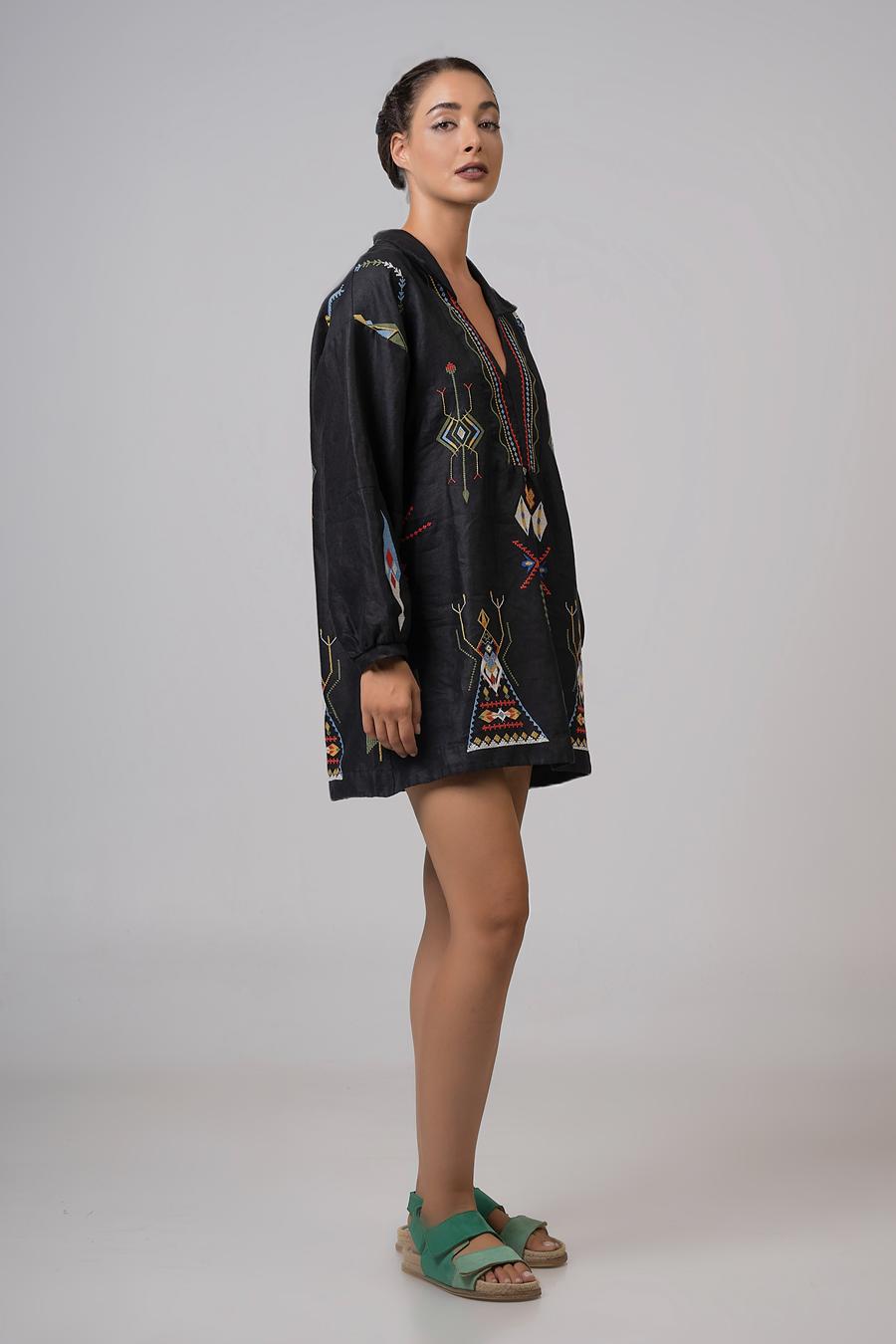 Dress mini with long sleeves and embroidery Black