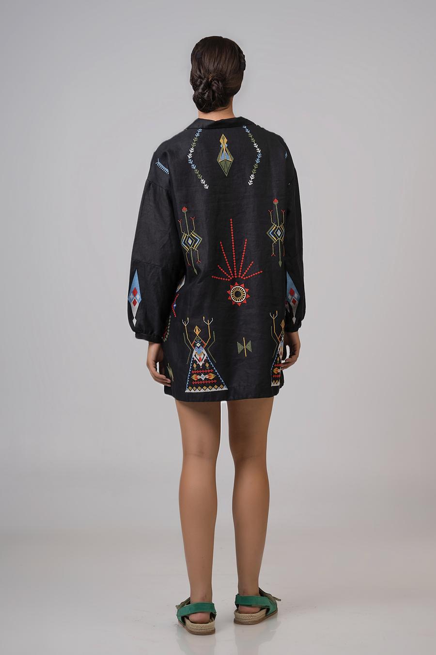 Dress mini with long sleeves and embroidery Black