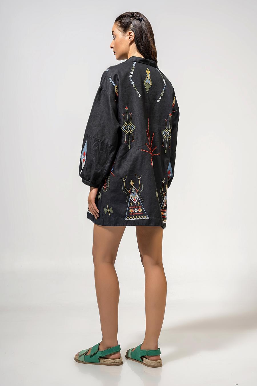 Dress mini with long sleeves and embroidery Black