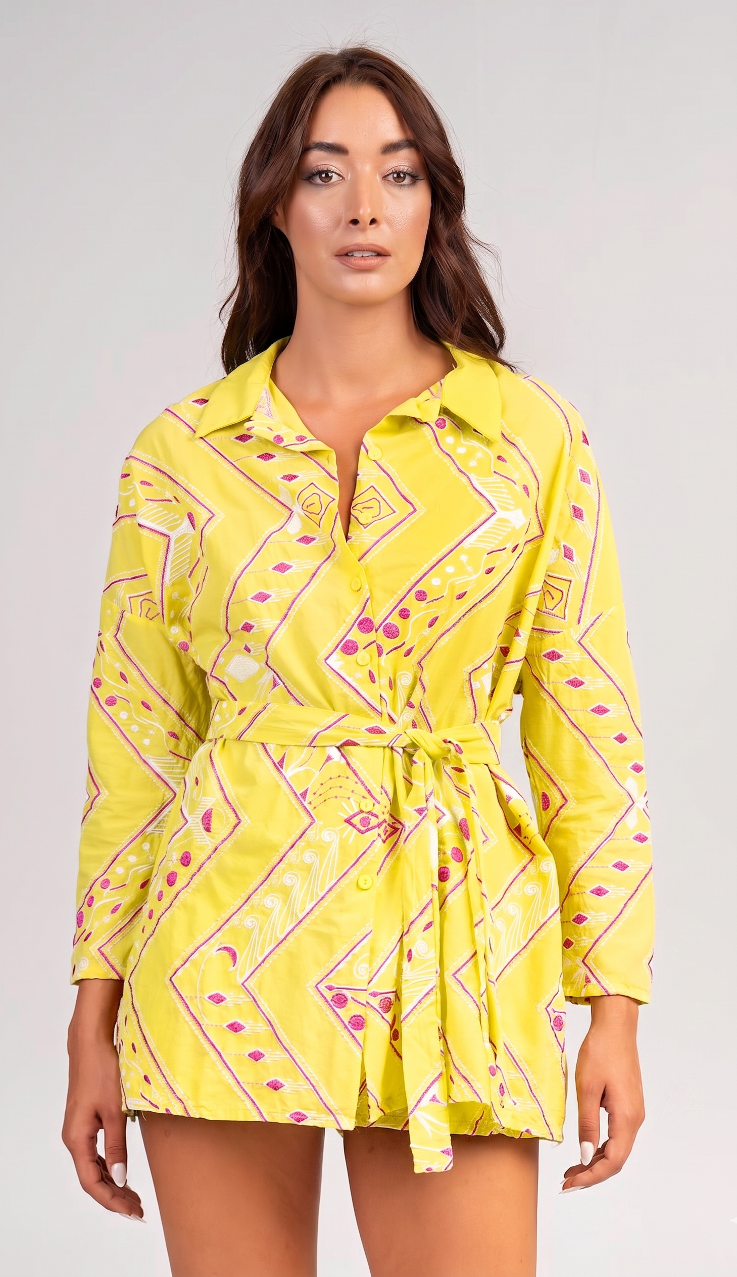 Shirt long sleeves with embroidery Lime - Magenta