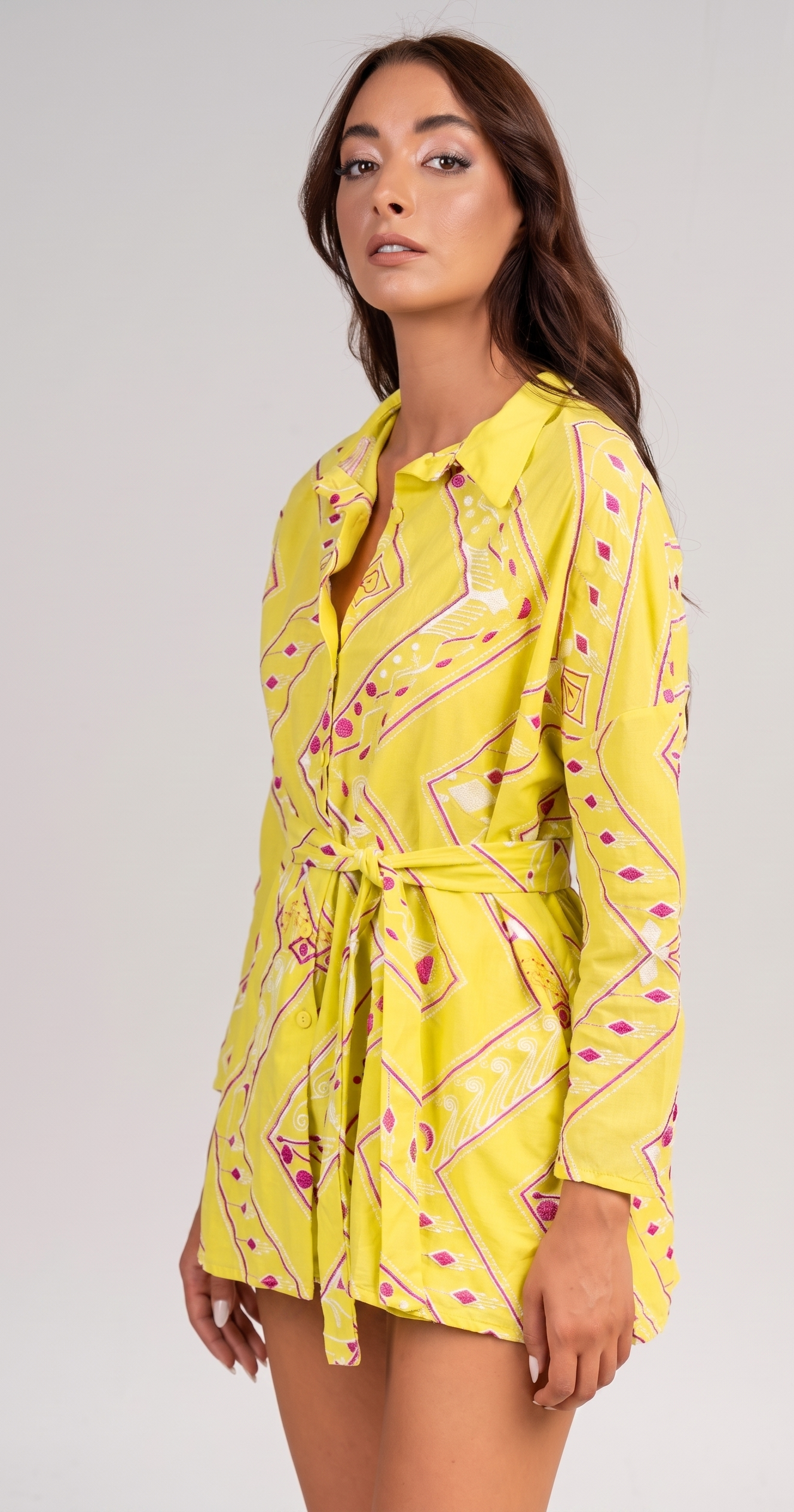 Shirt long sleeves with embroidery Lime - Magenta