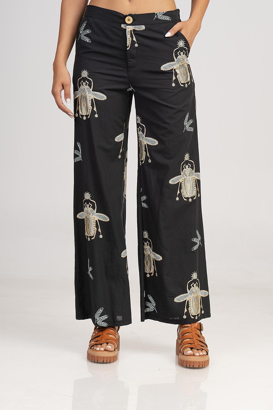 Trousers high waist with embroidery Black - Green