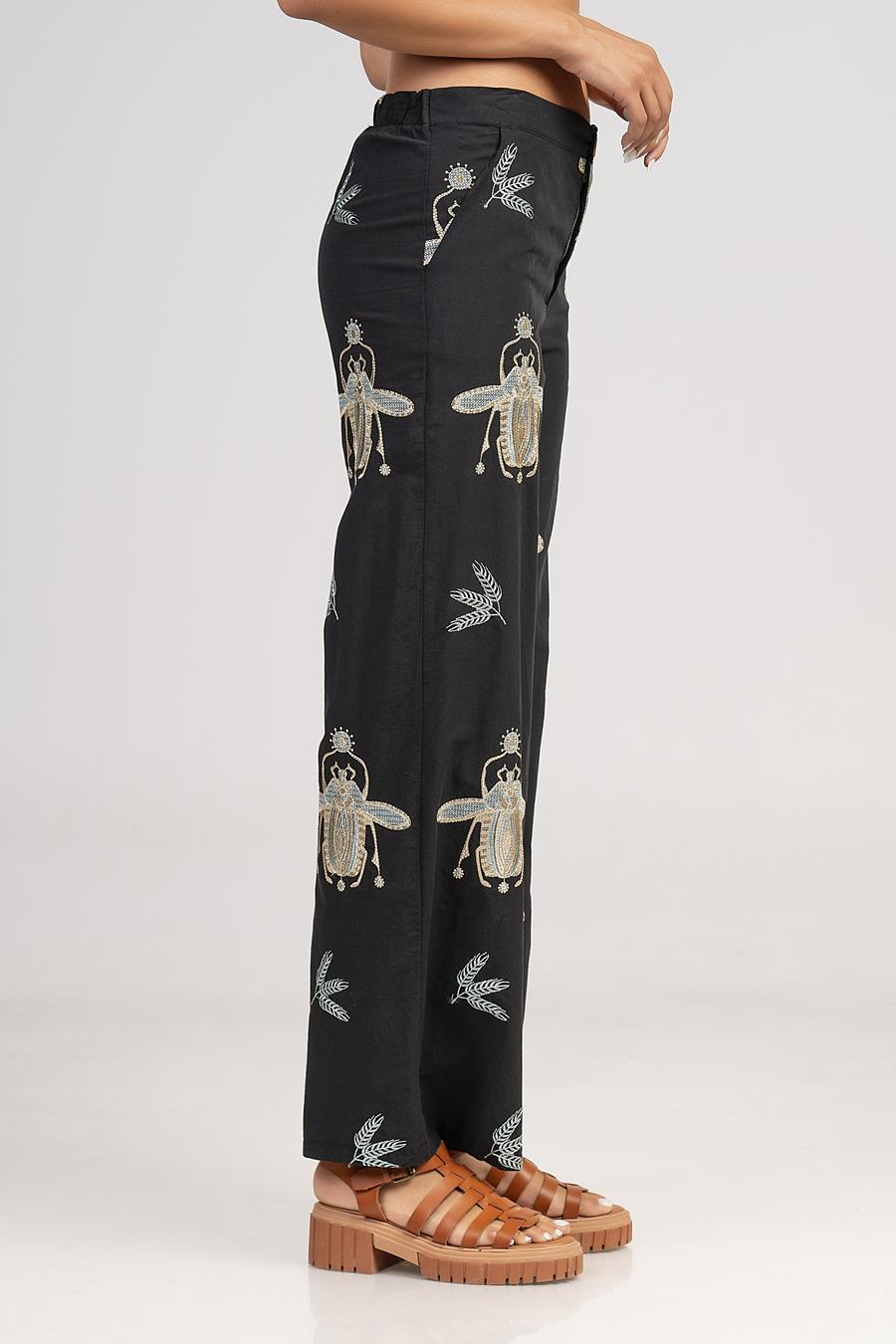 Trousers high waist with embroidery Black - Green