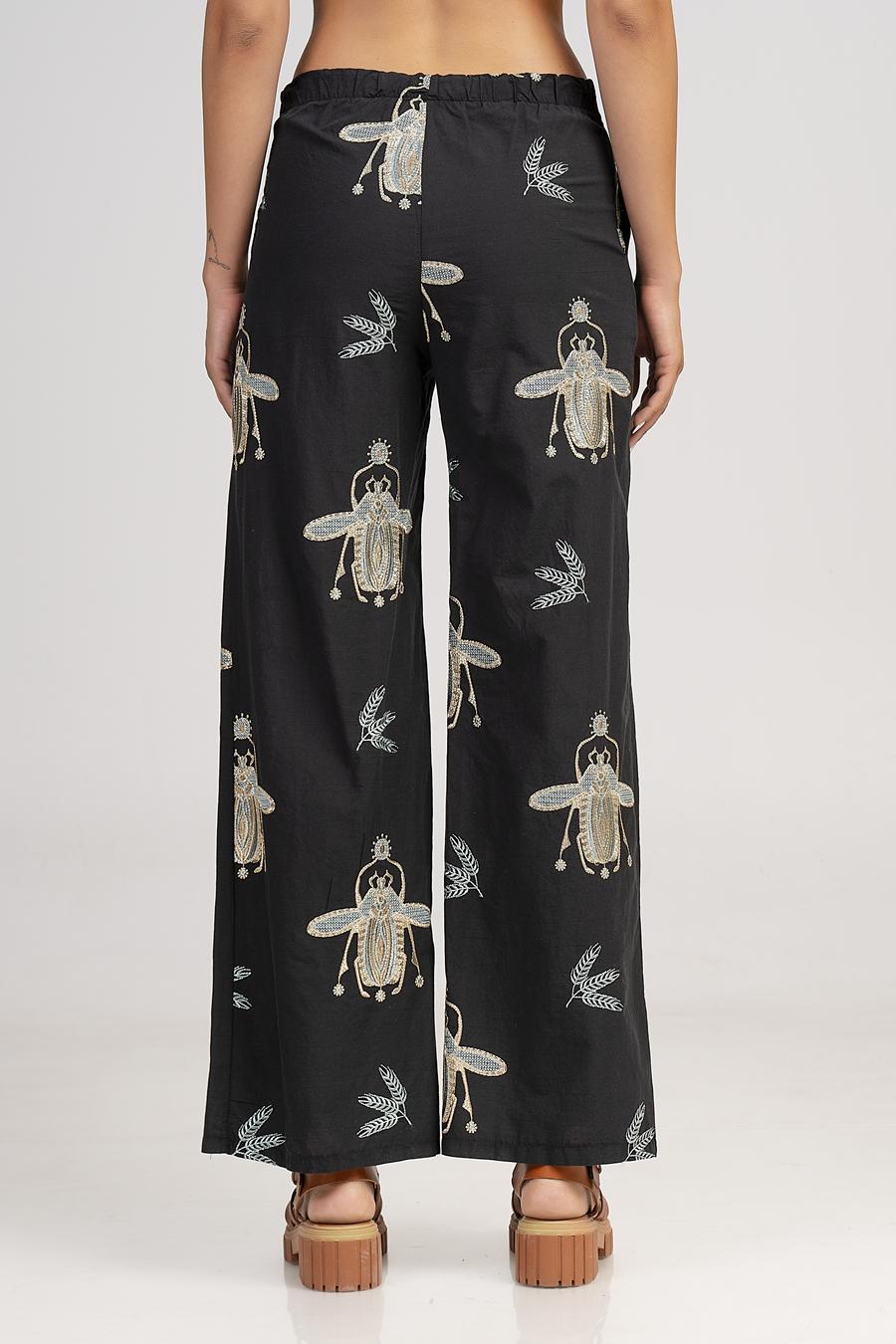 Trousers high waist with embroidery Black - Green