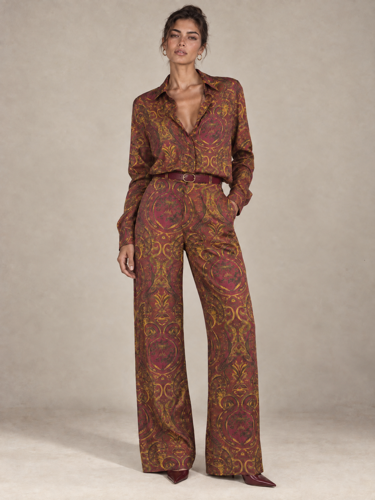 Printed straight–wide leg trousers Dark Red