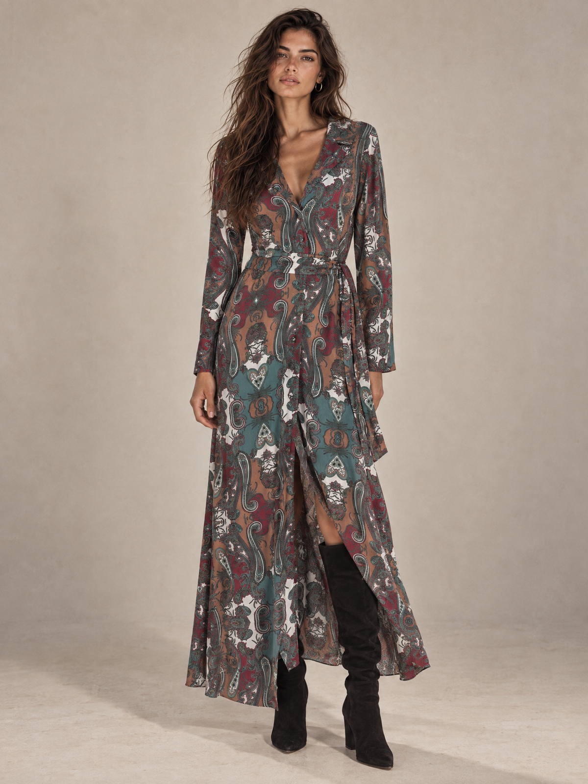 Printed Maxi Shirt with Long Sleeves and Buttons Brown