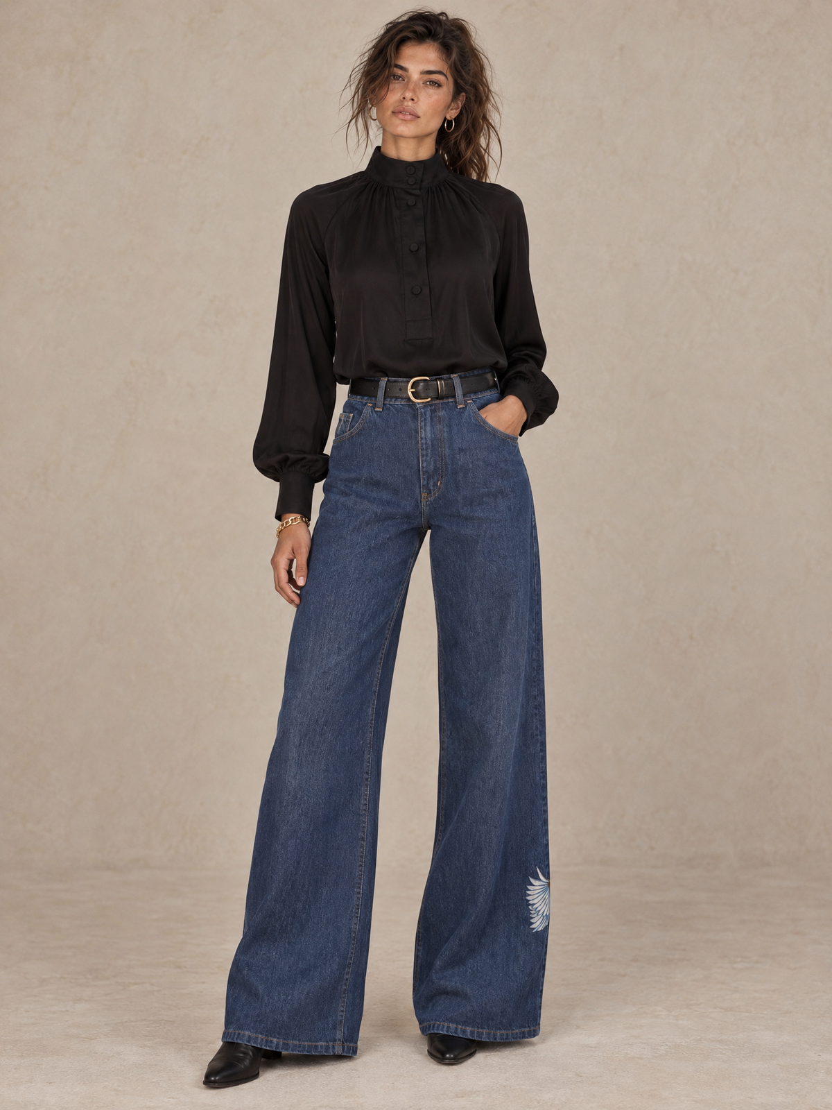 Long-sleeve top with collar Black