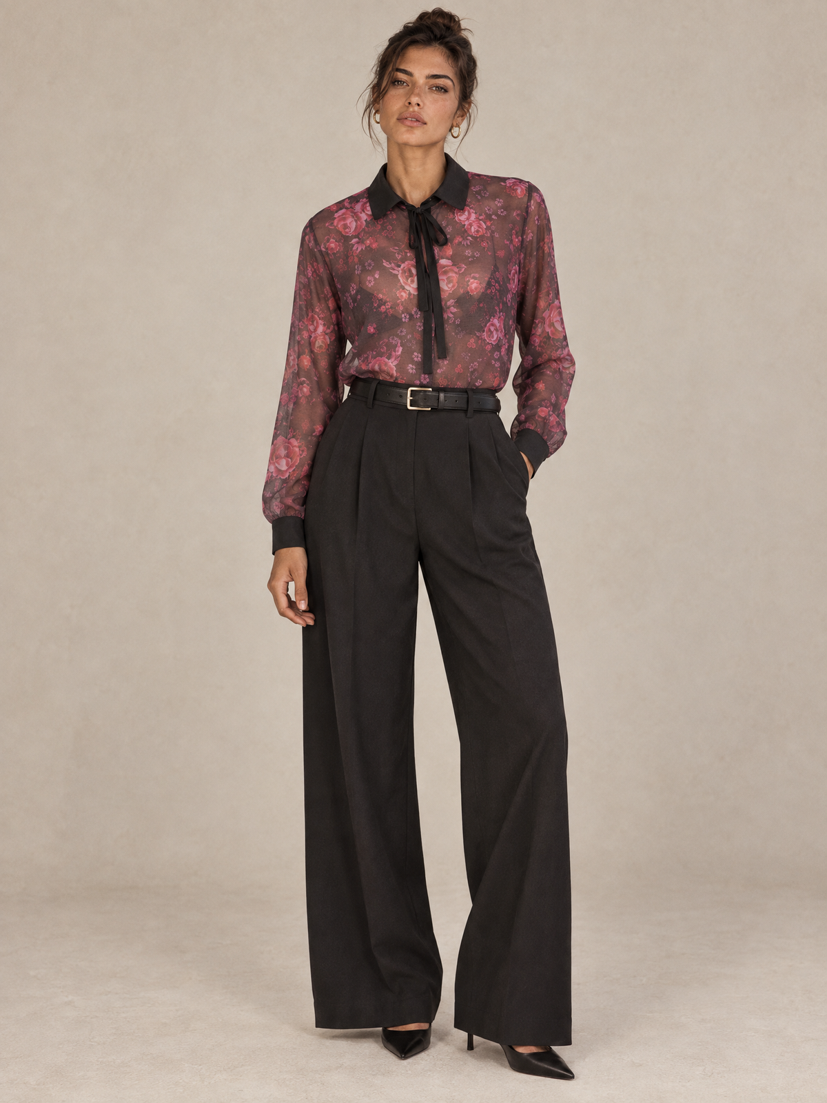 Long-sleeve floral top with collar Dark Red