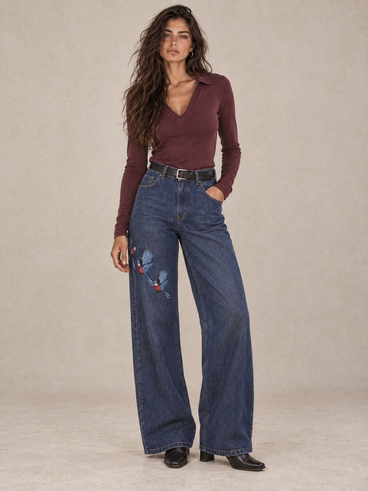 Long-sleeve top with collar Dark Red