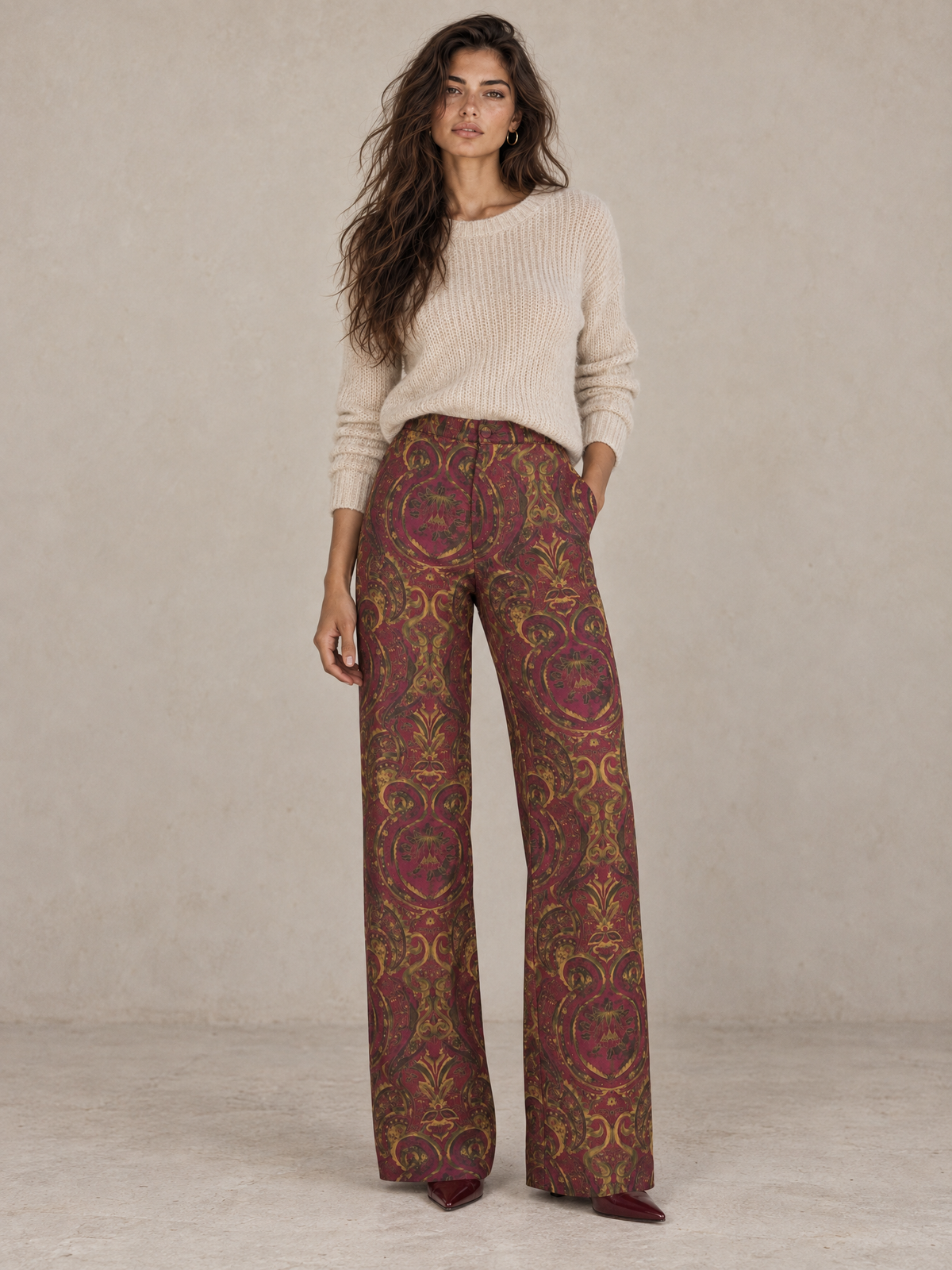 Printed straight–wide leg trousers Dark Red