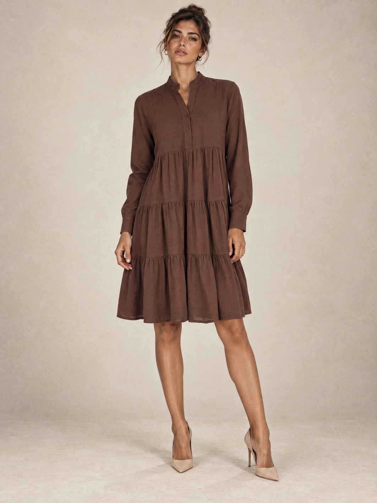Long-Sleeve Midi Dress Brown