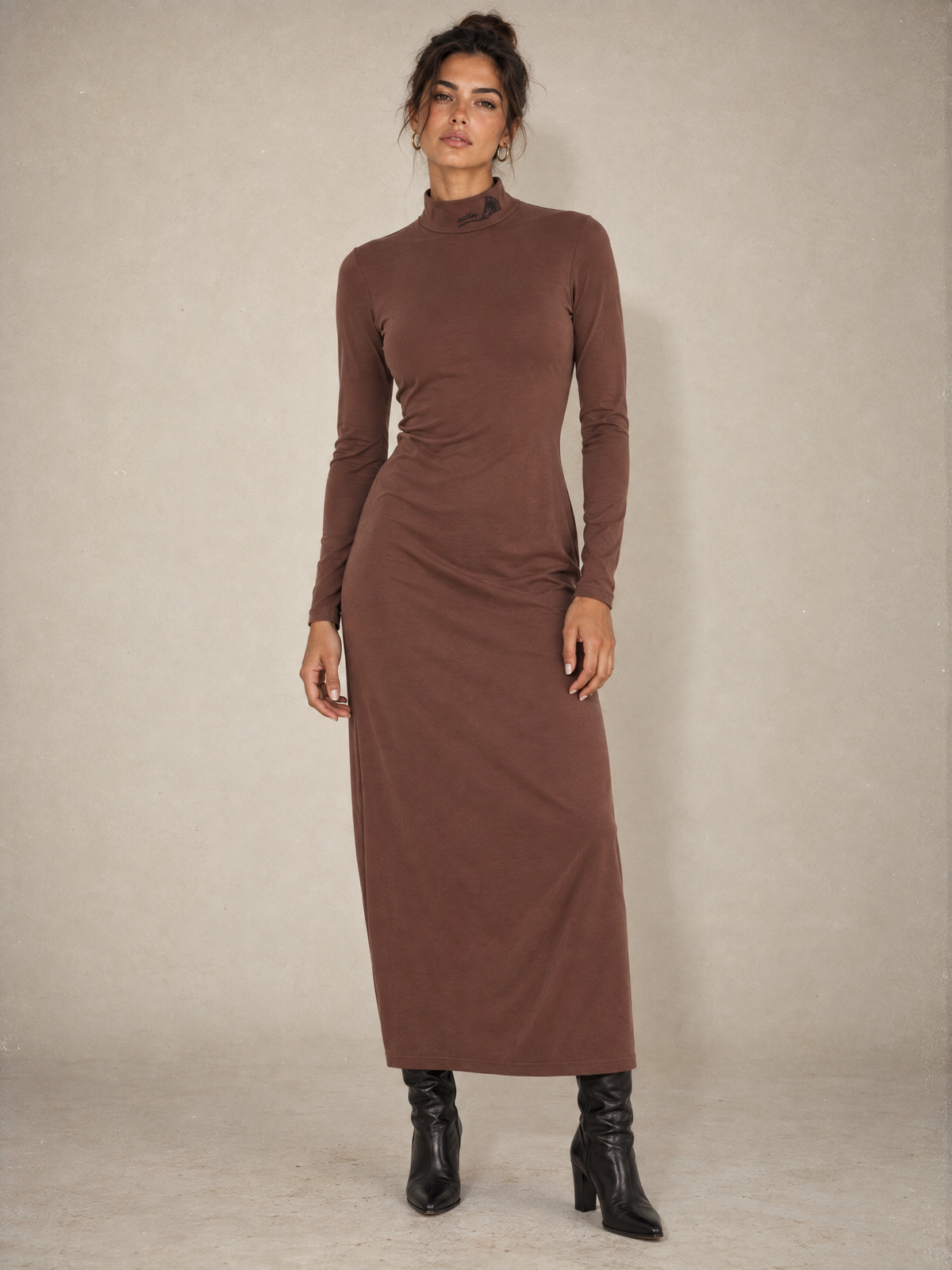 Midi Dress with High Neck and Long Sleeves Brown