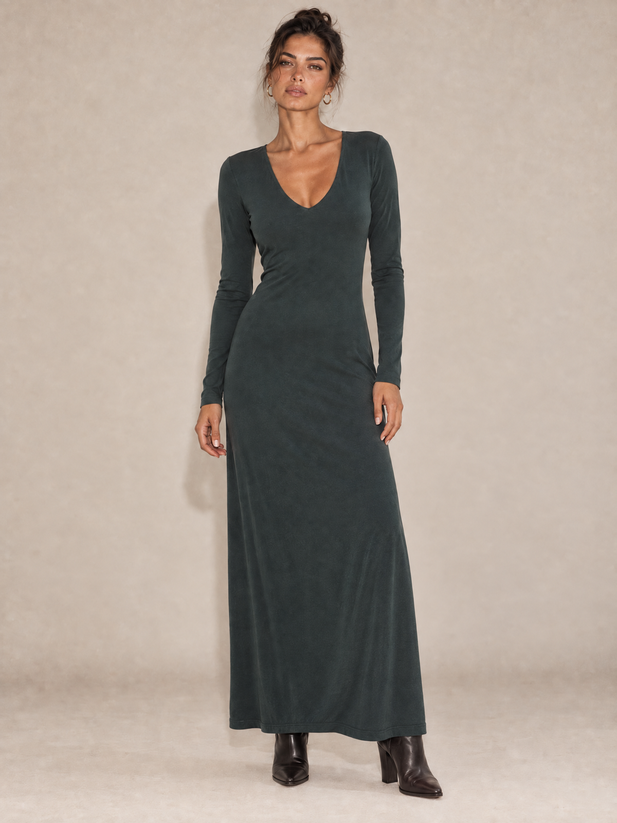Long Dress with V-Neck and Long Sleeves Petrol