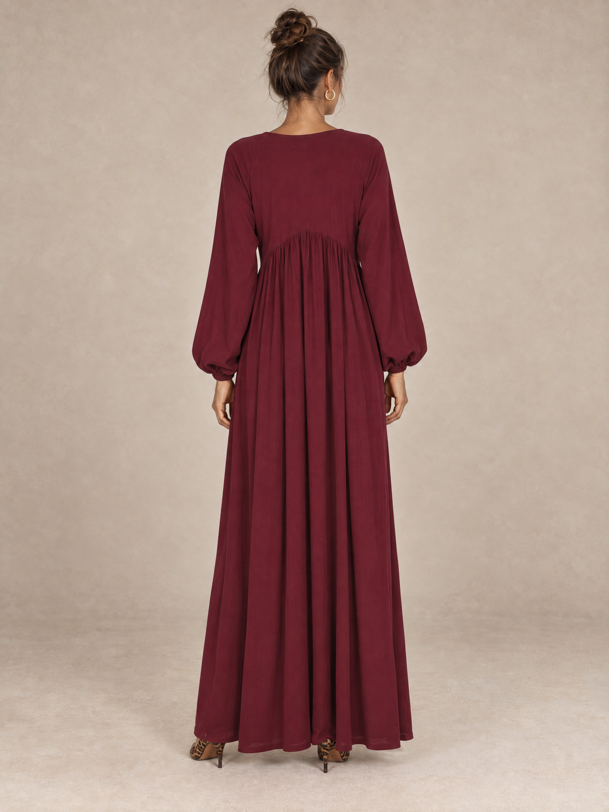 Maxi Dress with V-Neck and Balloon Sleeves Dark Red