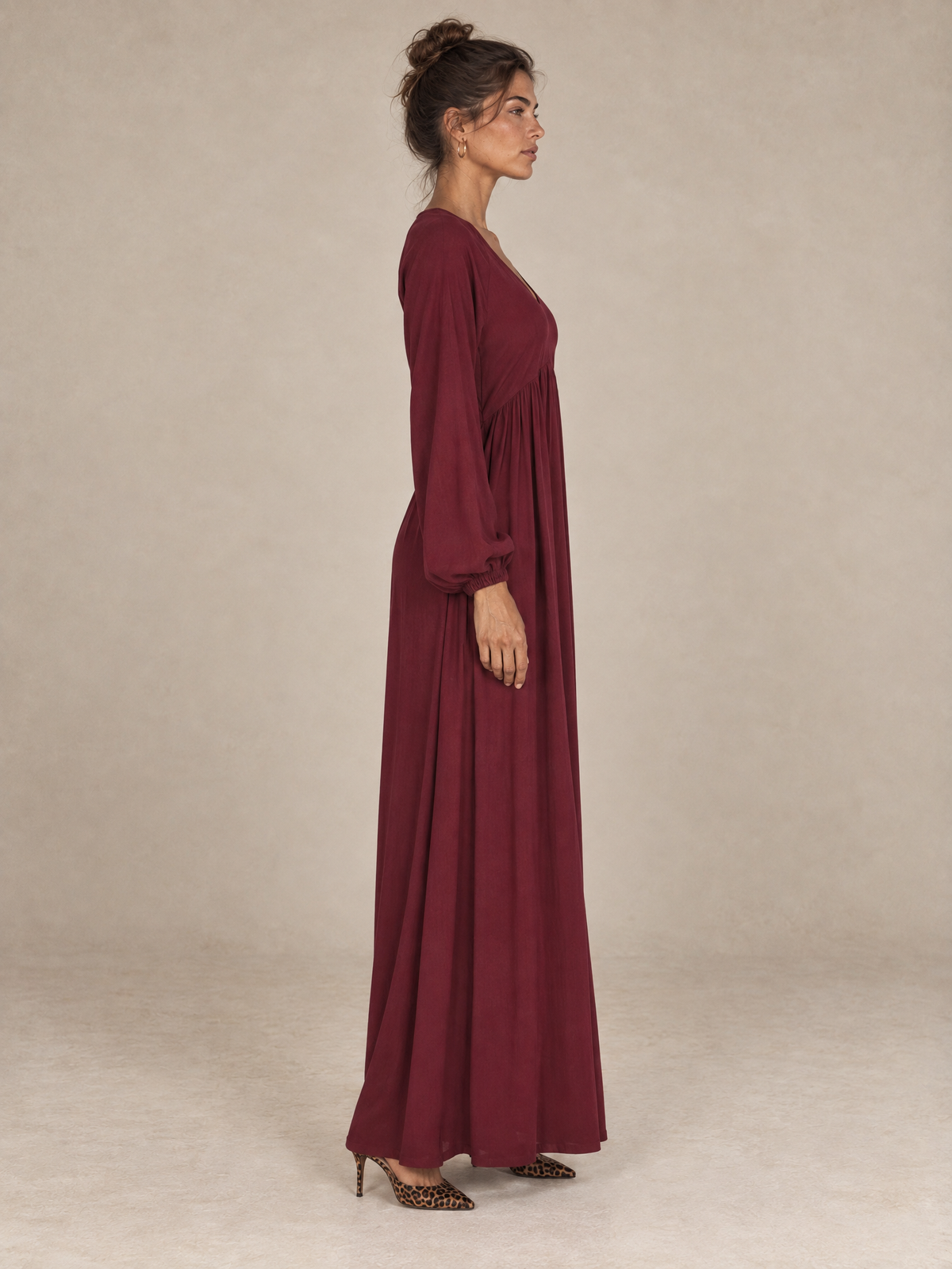 Maxi Dress with V-Neck and Balloon Sleeves Dark Red