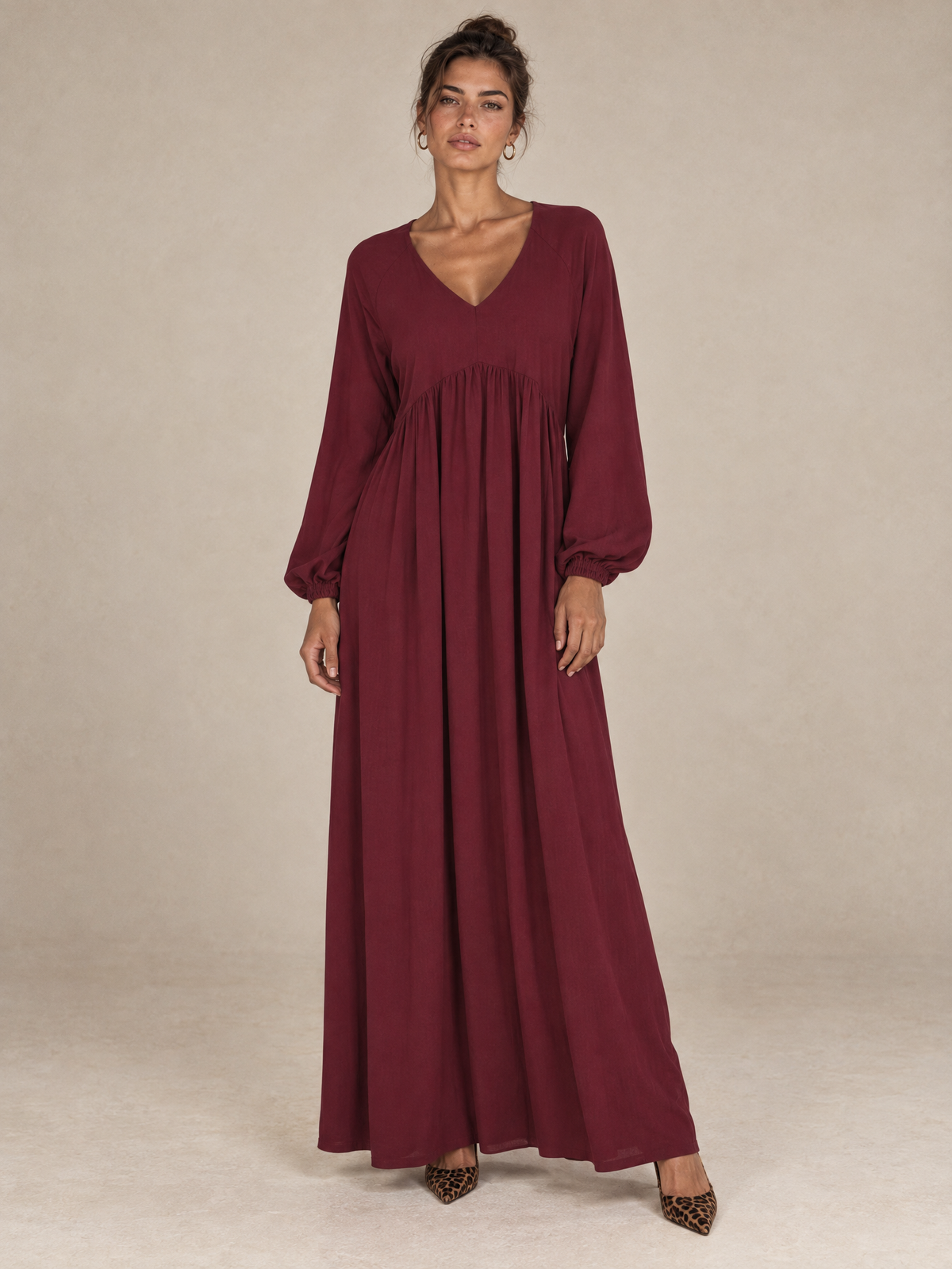 Maxi Dress with V-Neck and Balloon Sleeves Dark Red